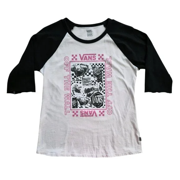 VANS Baseball Style Raglan Long Sleeve Tee White / Black / Pink Graphic Size M - Picture 4 of 14
